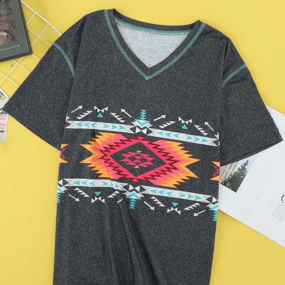 Gray Aztec Geometric Print V Neck Tee - Picture 9 of 10